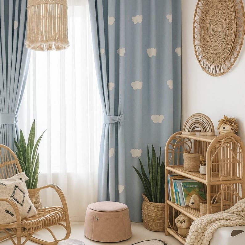 Blue Cloud Kids Room Curtain Nursery Window Drapes, Sky Theme, 60% Blackout,