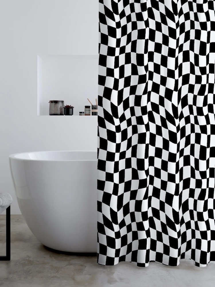 Catherine Lansfield Black White Checkerboard Shower Curtain Panel