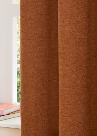 Furn Soft Chenille Blackout Pencil Pleat Curtain Pair Rust 1