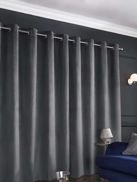 Grey Charcoal Matte Velvet Blackout Thermal Eyelet Curtains 2
