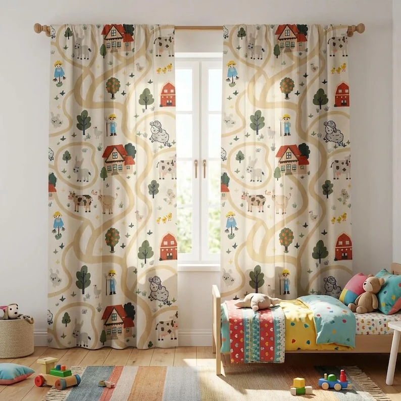 Kids Nursery Curtains Farm Village