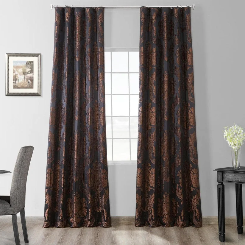 Magdelena Black & Copper Damask Faux Silk Jacquard Room Darkening Curtain