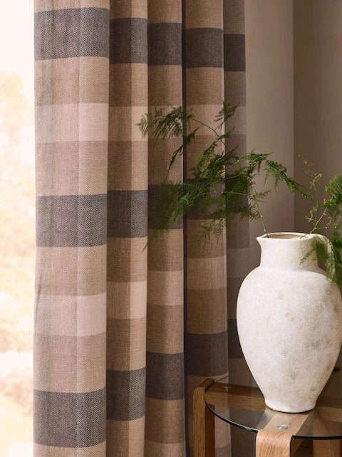 Natural Brushed Check Lined Eyelet Curtains 2