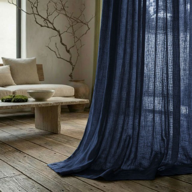 Wabi Sabi Pure Flax Linen Navy Blue Voile Curtain 1