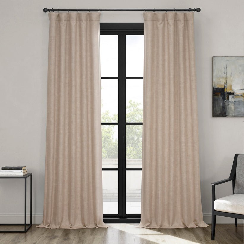 Thatched Tan Textured Faux Linen Room Darkening Curtain