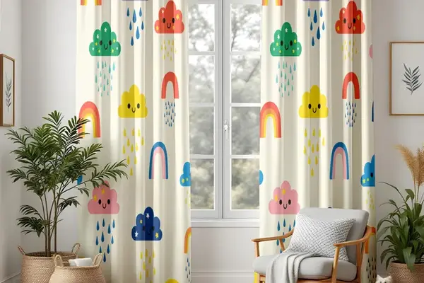 Colorful rainbow cloud patterned curtains