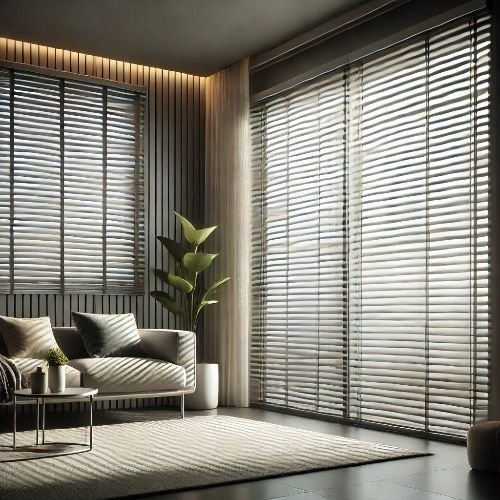 Dark gray floor-to-ceiling Venetian blinds