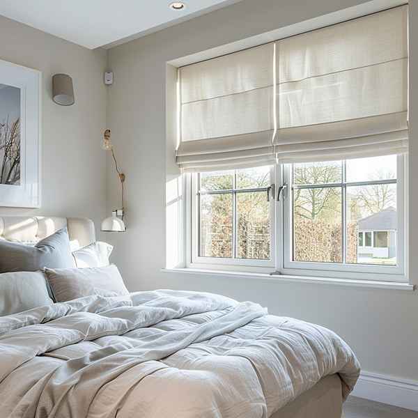 Light gray Roman blinds for a modern bedroom