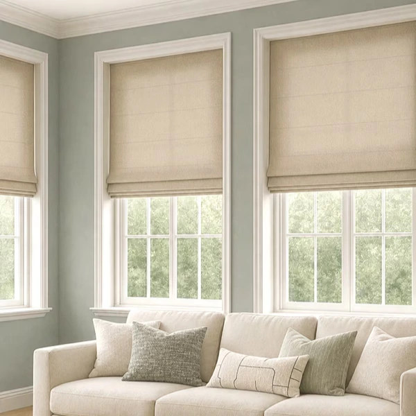 Neutral Roman blinds for large living room windows