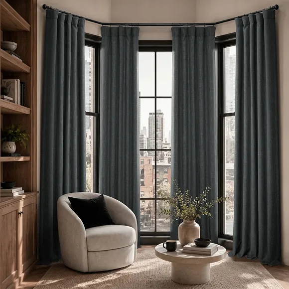 Dark Gravel Textured Faux Linen Hotel Curtains