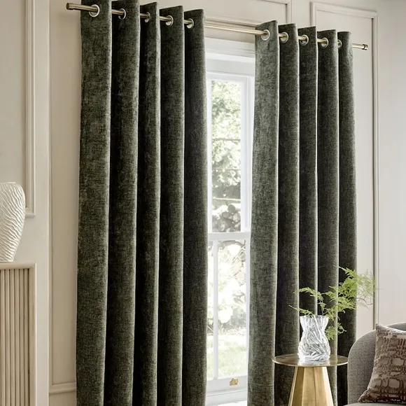 Green Plush Chenille Blackout Thermal Eyelet Curtains