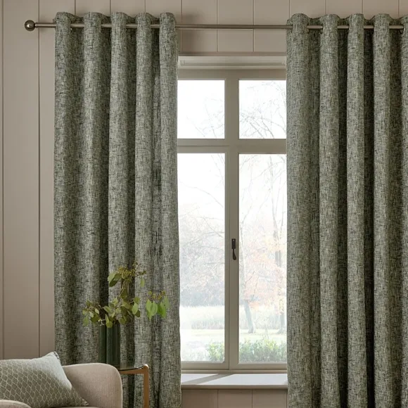 Green Textured Chenille Lined Eyelet Curtains