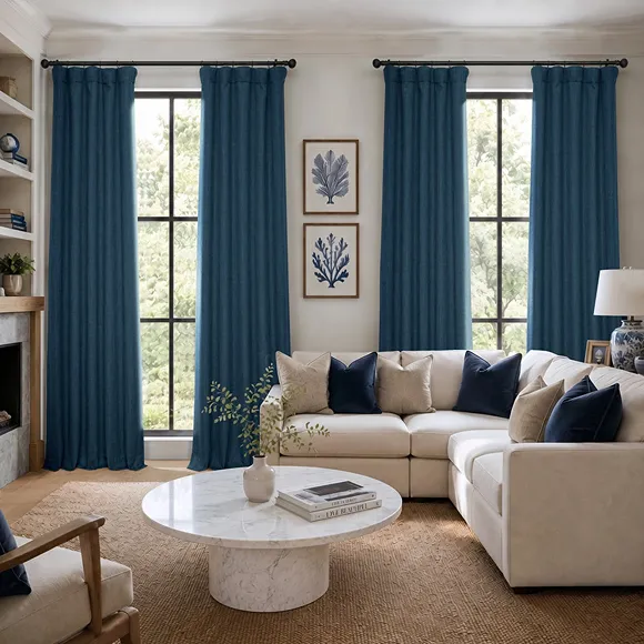 Indigo Textured Faux Linen Hotel Curtains