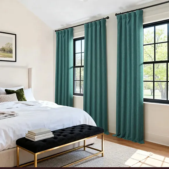 Slate Teal Green Faux Linen Hotel Curtains